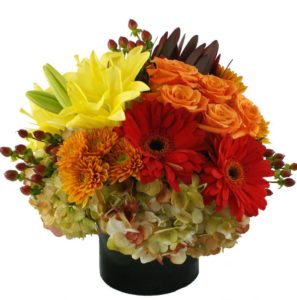 red daisies, orange mums and yellow lilies in vase
