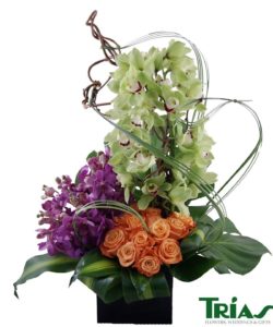Purple mokara orchids, green cymbidium orchids and delicate orange roses all beautifully arranged in a black ceramic vase.
