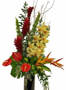 exotic birds of paradise, lush cymbidium orchids and other fresh cut tropical flowers