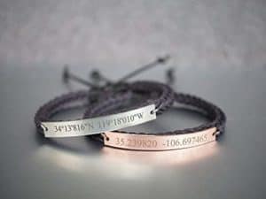bronze and silver engraved with coordinates bracelets