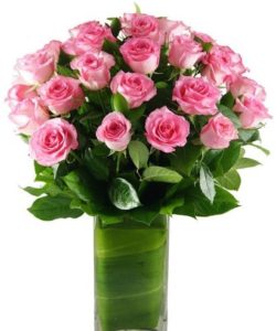 An abundant and cute arrangement of 24 pink roses, israeli ruscus and salal leaves in a square glass vase
